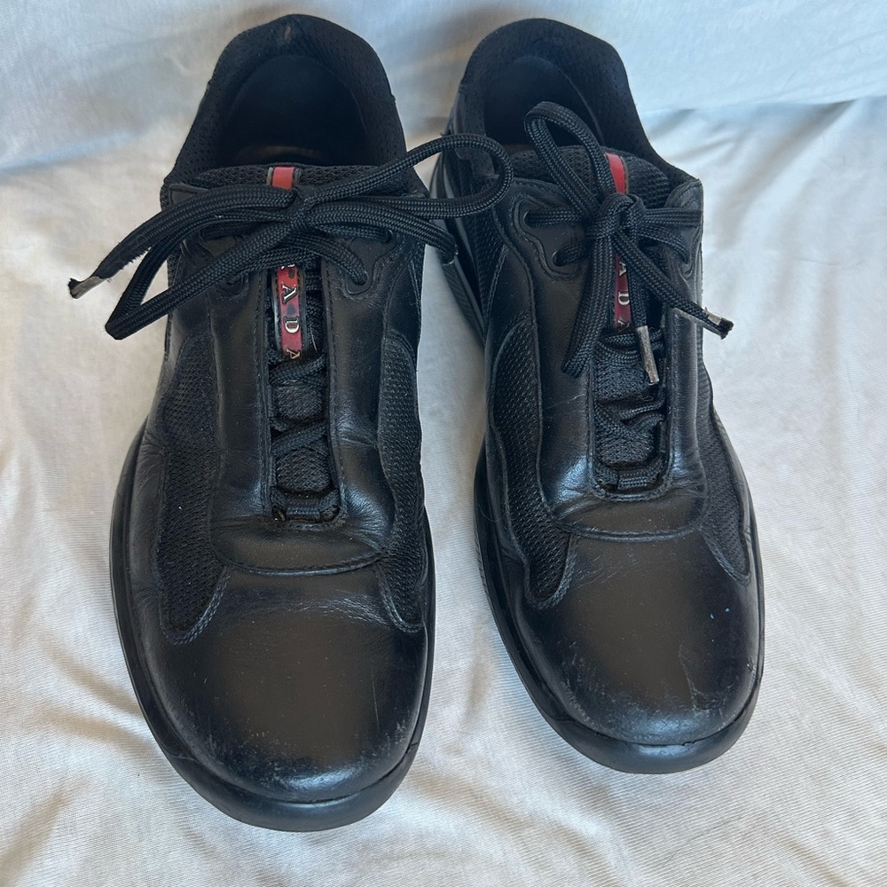 Prada America’s cup Men's Black Leather & Mesh Sneakers with Red Stripe - Picture 12 of 16